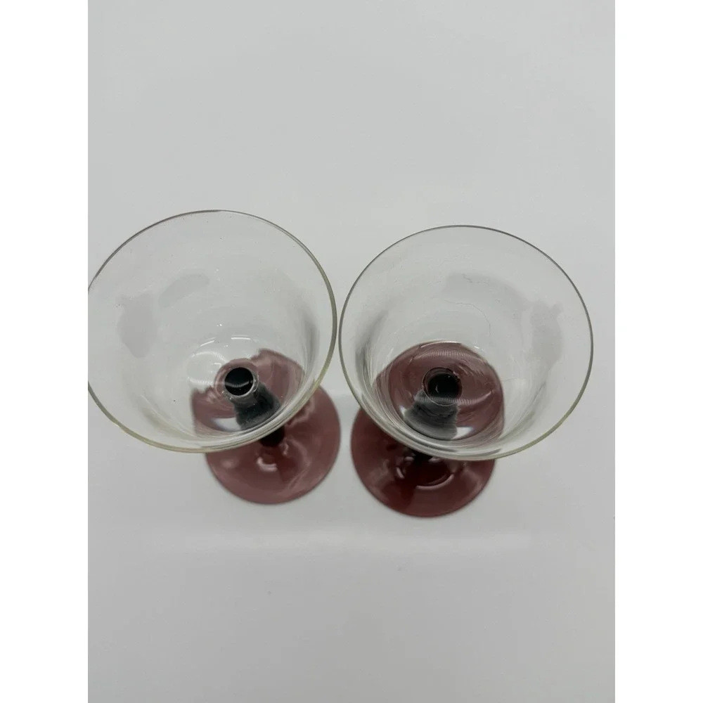 Set of 2 Cranberry Stem Wine Glasses Clear Bowl Knobby Stem Art Glass Goblets 6